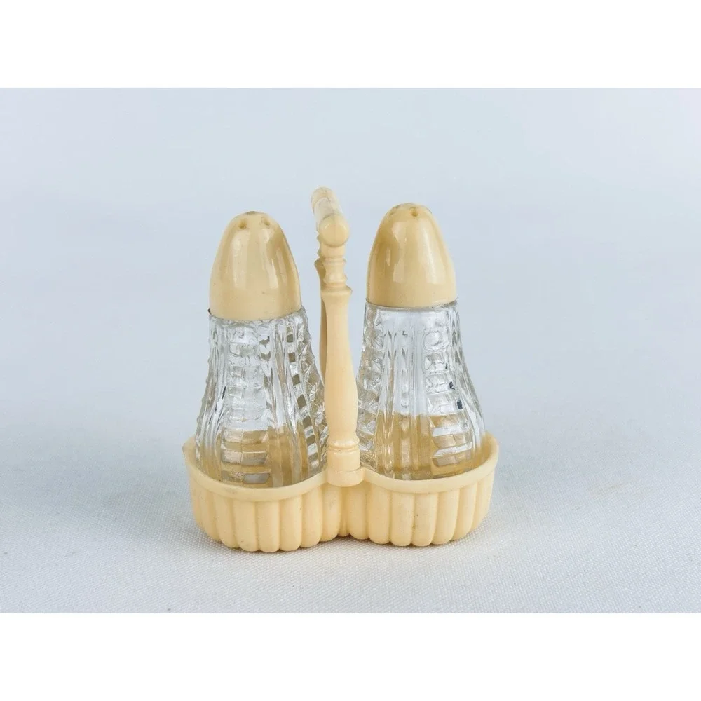 Vintage White/Cream LAPIN Glass Salt & Pepper w/ Plastic Basket Holder Retro MCM